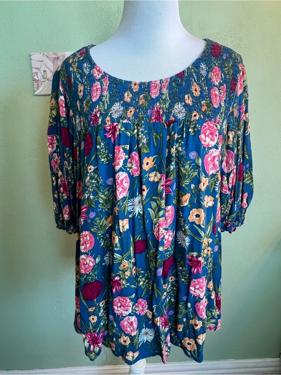 Terra & Sky Tops - Terra and Sky - Floral Smocked Blue Women's Top